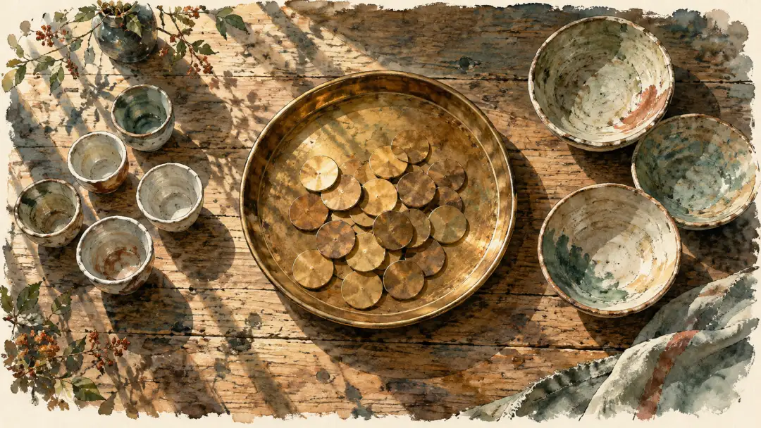 俯視木桌中央盛著金色圓片的銅盤,兩側分別擺著小杯與寬碗。