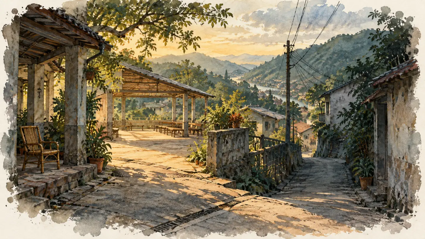 山城巷道在斜陽下分岔，一側是空蕩的聚會空間，另一側隱入屋舍陰影。