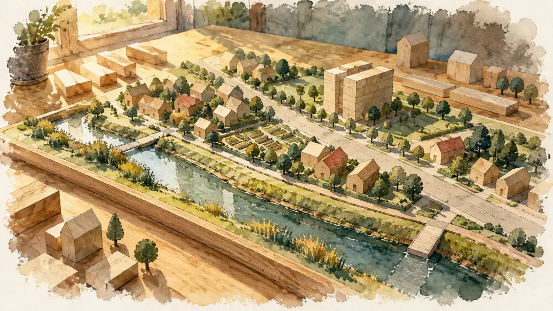 木製城鎮模型排列住宅、道路與水道，旁邊散放尚未組合的木塊。