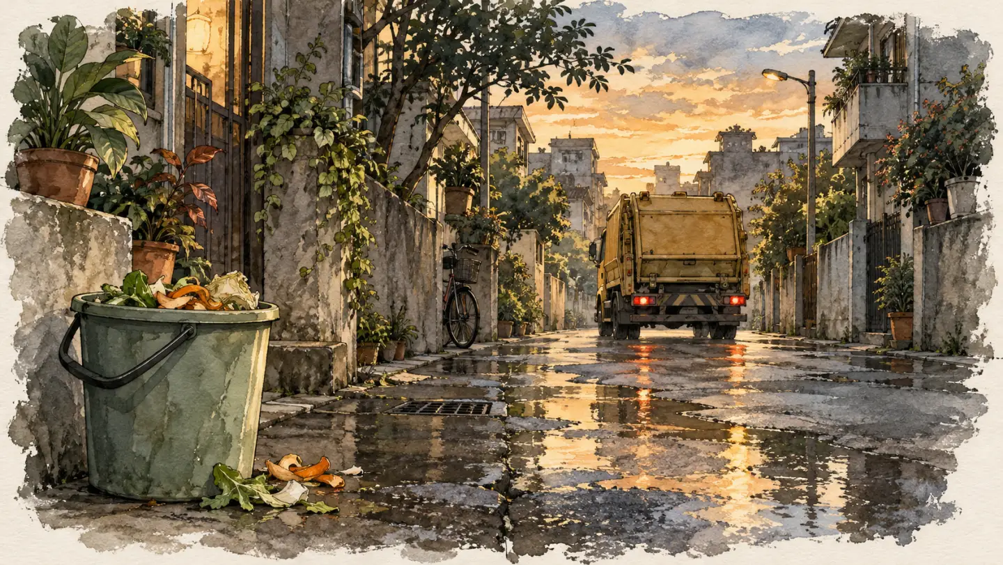 雨後暮色的住宅巷弄裡，前景廚餘桶盛著菜葉果皮，遠處停著黃色清潔車。