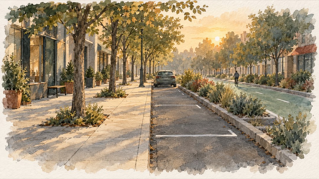 夕陽照著人行道、空停車格與植栽隔開的自行車道,遠處有騎士背影。