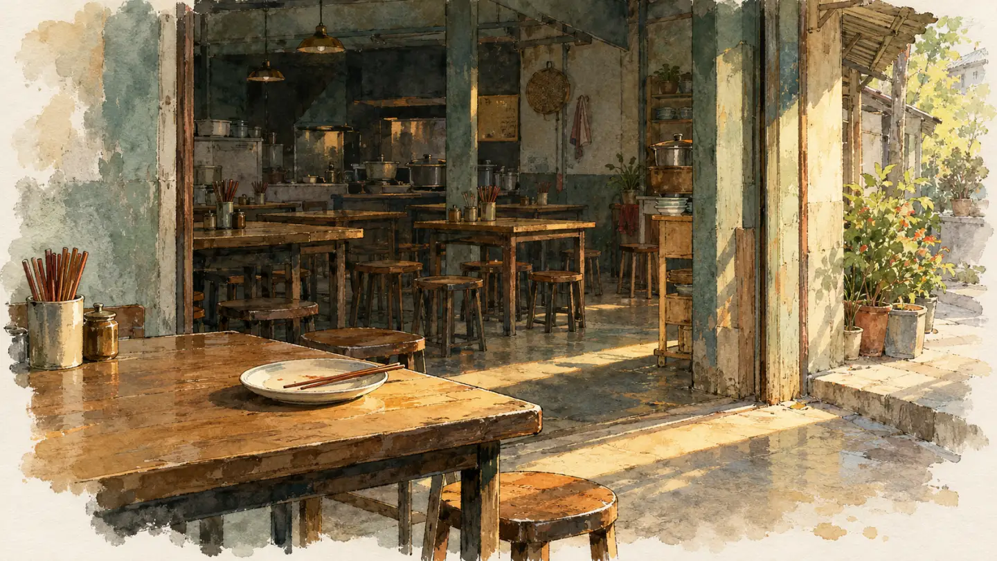 斜陽照進虛構的無人小餐館，木桌上留著一只白盤與筷子。