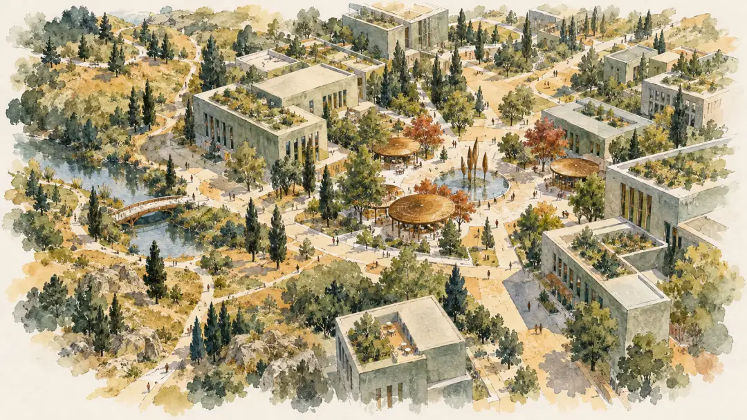俯瞰虛構街區,圓形遮陽棚聚在中央廣場,步道向周圍建築與日照地帶延伸。