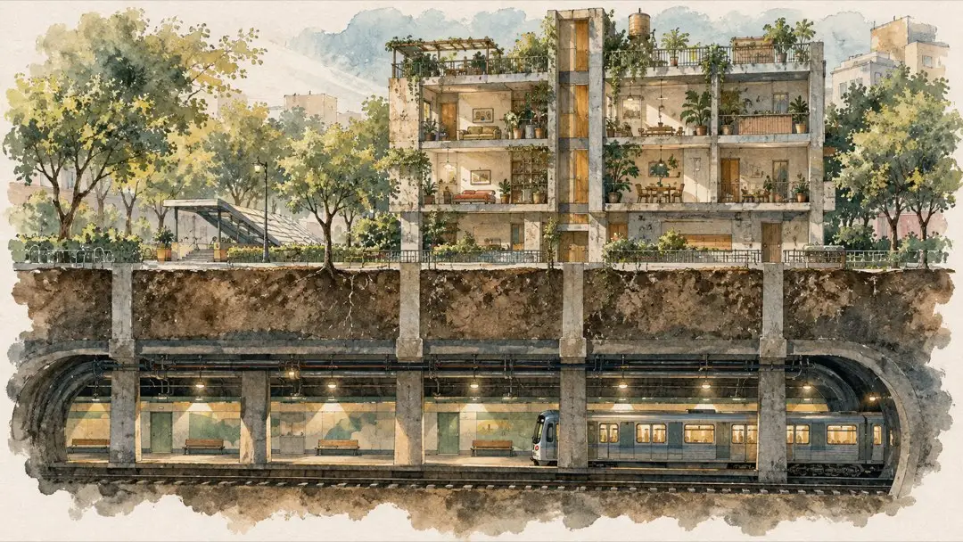 虛構住宅剖面下方是地下捷運月台,上方各戶住家與街道綠樹共享同一片土地。