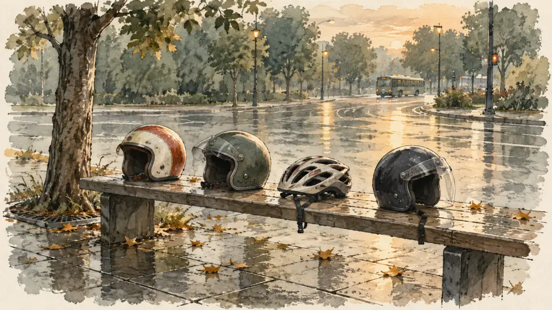 雨後路旁的長凳上排列著完整的機車與自行車安全帽,遠處公車穿過路口。