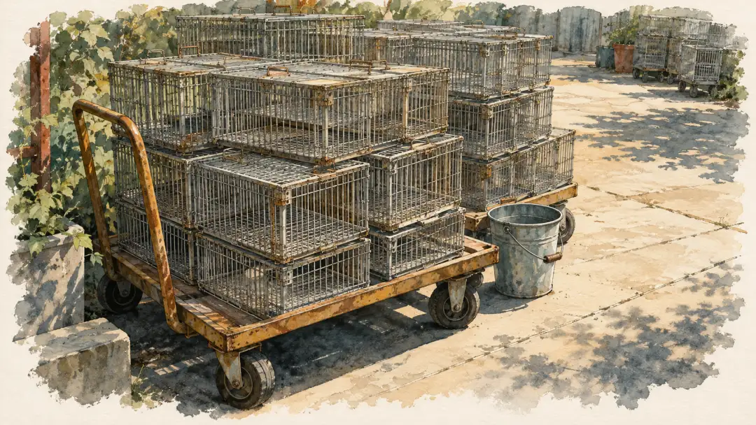 陽光下的工作推車堆滿空捕鼠籠,旁邊放著一只金屬桶。
