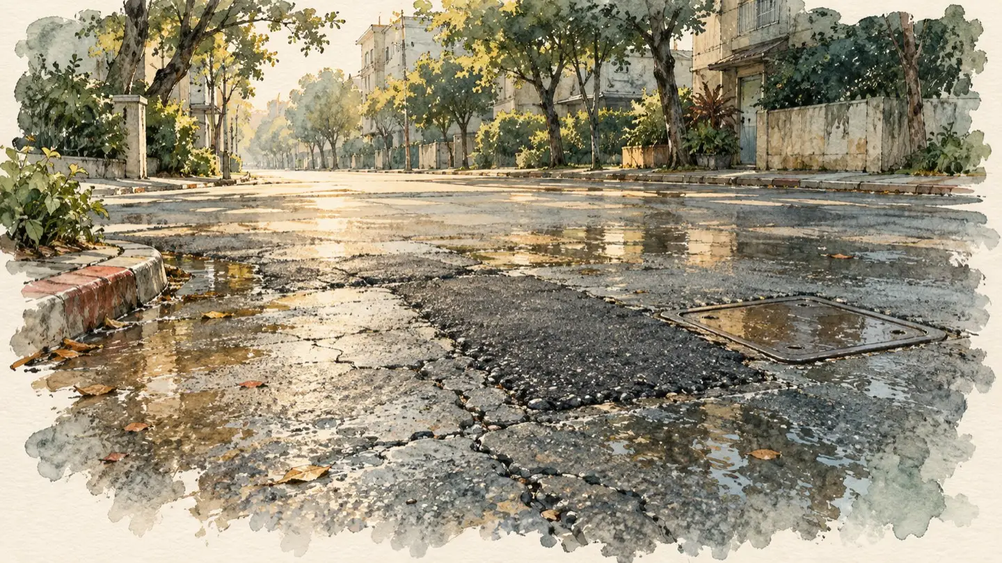 雨後的無人街口,晨光映照臨補路面與素面管線蓋。