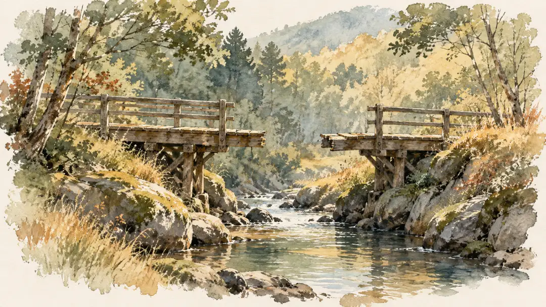 溪流兩岸各伸出一段木橋，橋面之間仍留著缺口。