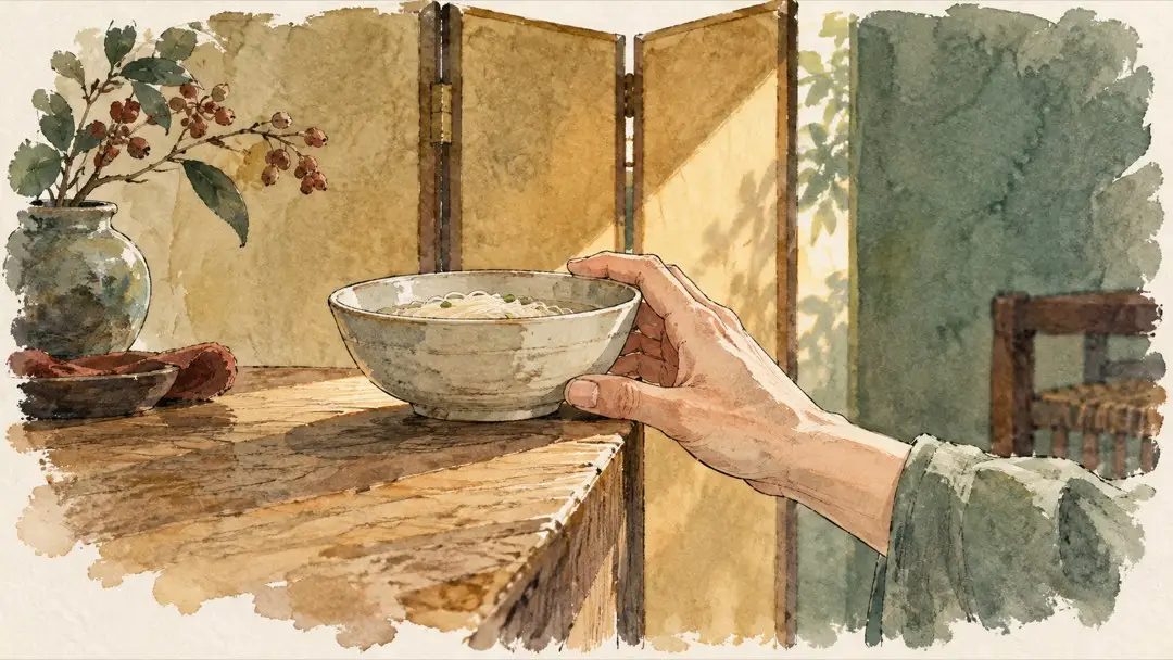 一隻手扶住桌緣的陶碗,後方屏風間透入一線日光。