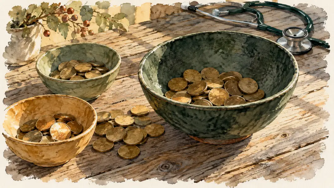 木桌上三只大小不同的陶碗盛著金色圓片,後方放著聽診器。